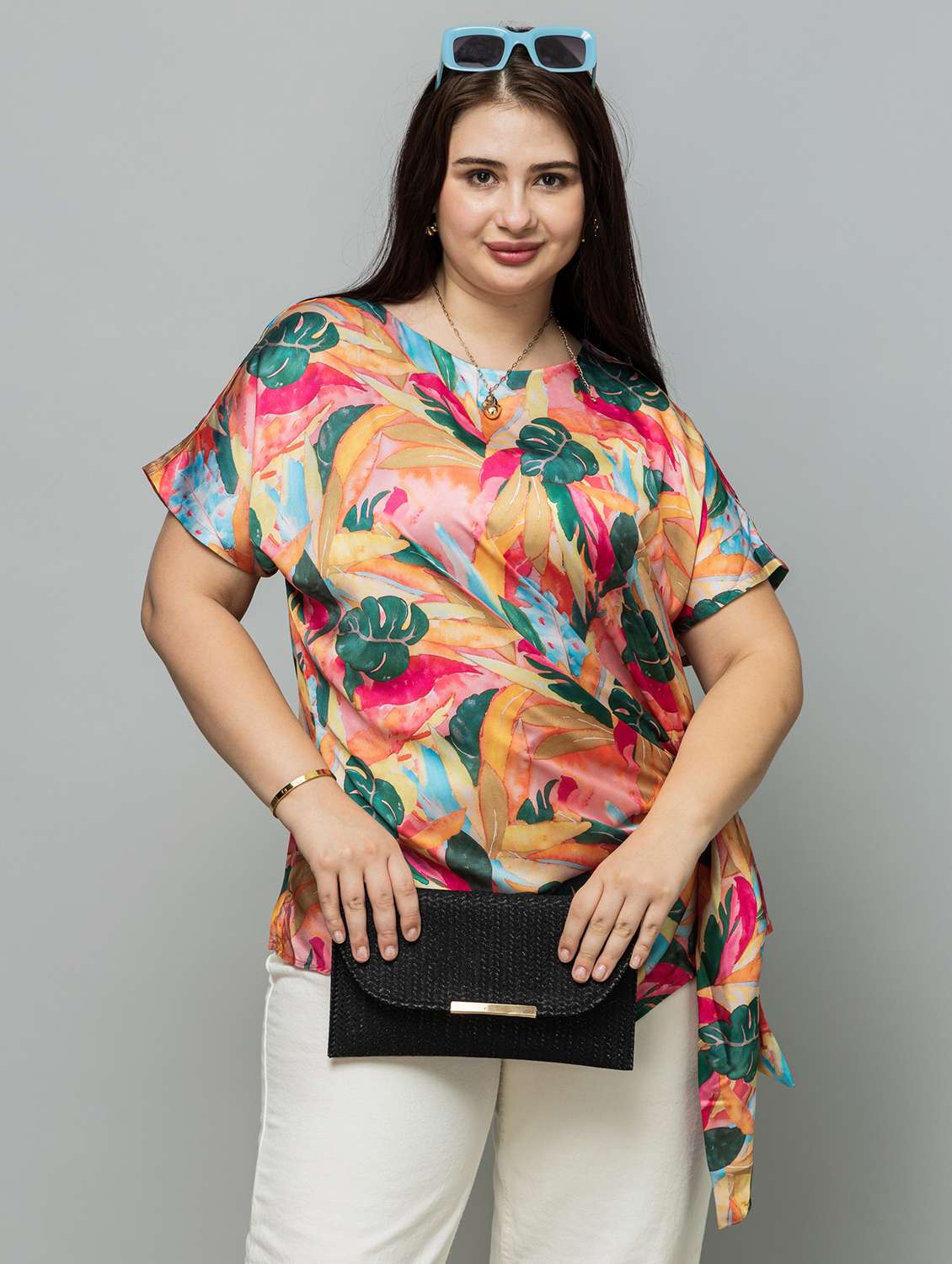 women plus size printed short sleeve mock wrap top - 22319657 -  Standard Image - 1