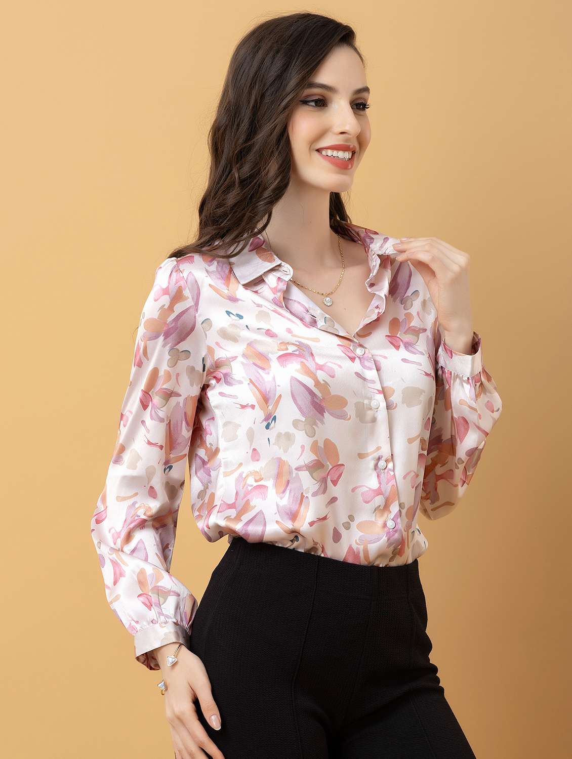 women printed collared long sleeve shirt - 22319658 -  Standard Image - 1