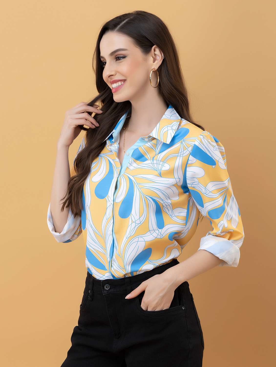 women printed collared long sleeve shirt - 22319659 -  Standard Image - 1