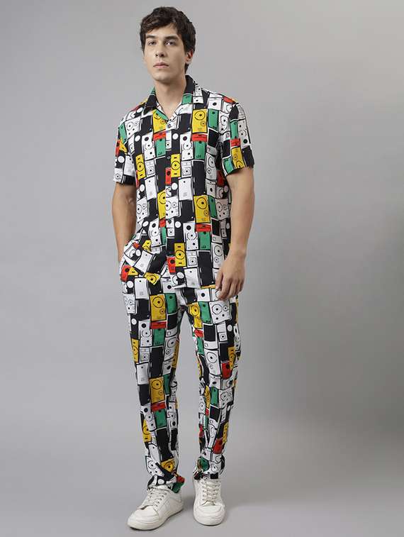 men printed collared full length co-ord set - 22320608 -  Standard Image - 1