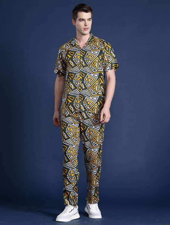 men printed collared full length co-ord set - 22320614 -  Standard Image - 1