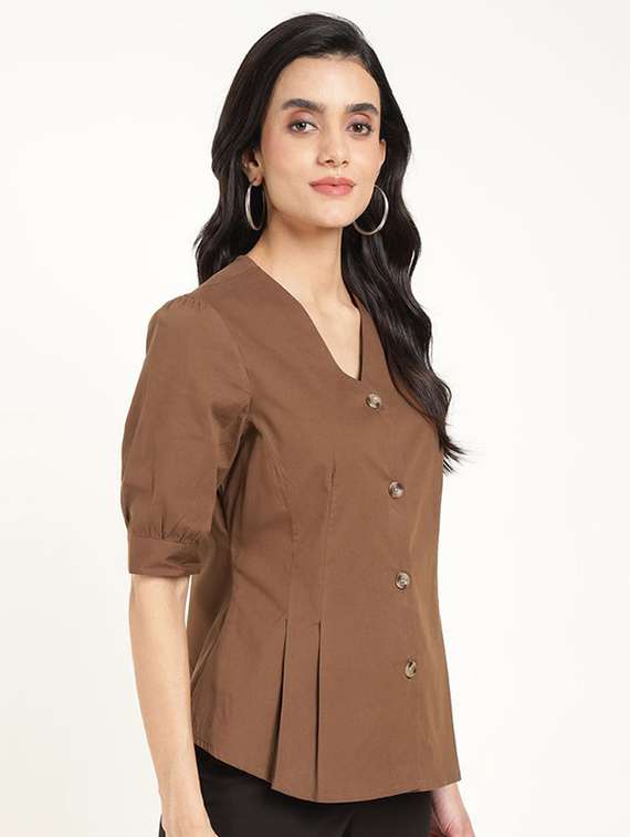 women solid lapel collar puff sleeve shirt - 22320648 -  Standard Image - 1