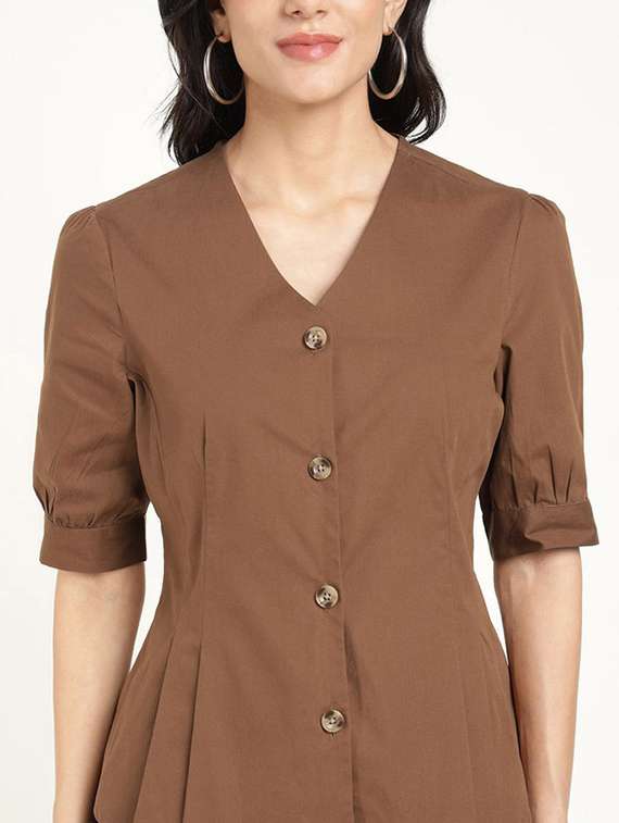 women solid lapel collar puff sleeve shirt - 22320648 -  Standard Image - 4