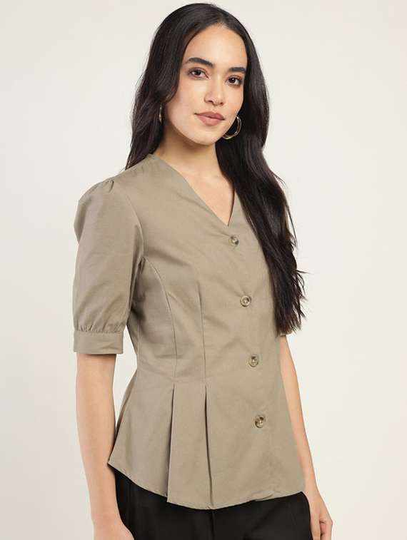 women solid v-neck puff sleeve shirt - 22320652 -  Standard Image - 1
