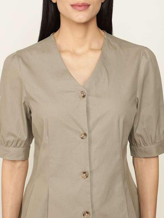 women solid v-neck puff sleeve shirt - 22320652 -  Standard Image - 4