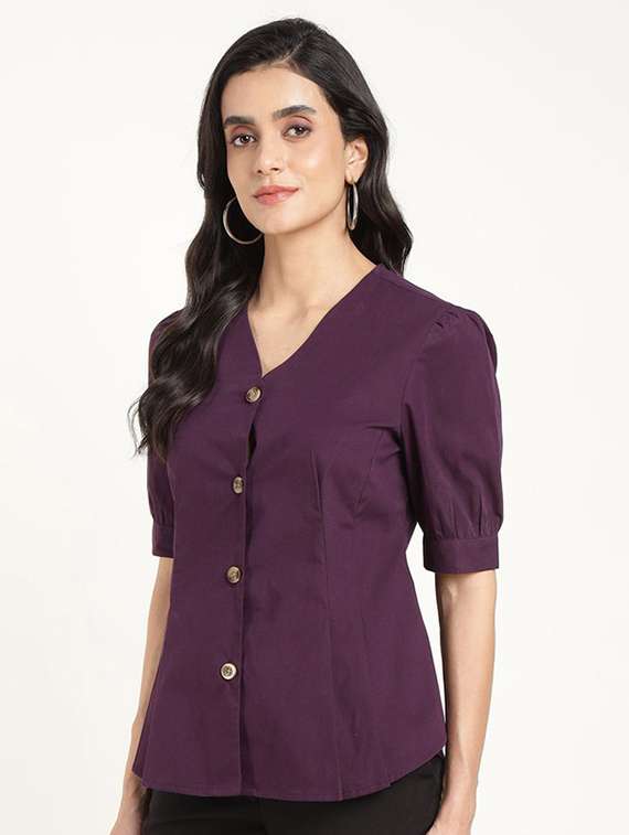women solid v-neck puff sleeve shirt - 22320653 -  Standard Image - 1