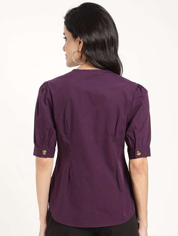 women solid v-neck puff sleeve shirt - 22320653 -  Standard Image - 4