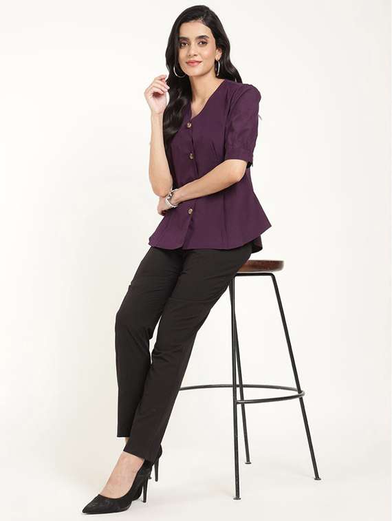 women solid v-neck puff sleeve shirt - 22320653 -  Standard Image - 6