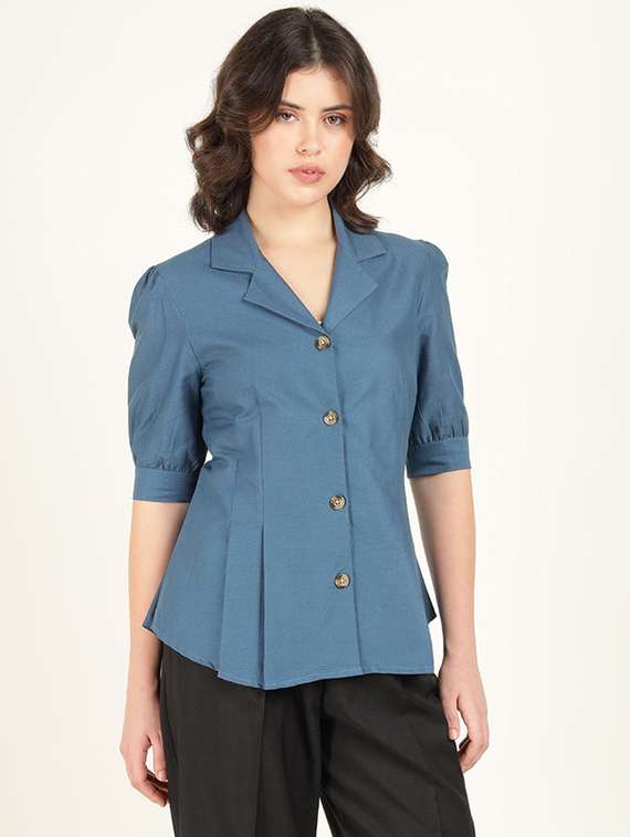 women solid lapel collar puff sleeve shirt