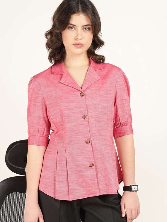 women solid lapel collar puff sleeve shirt