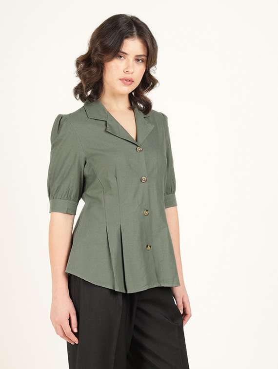 women solid lapel collar puff sleeve shirt - 22320667 -  Standard Image - 1