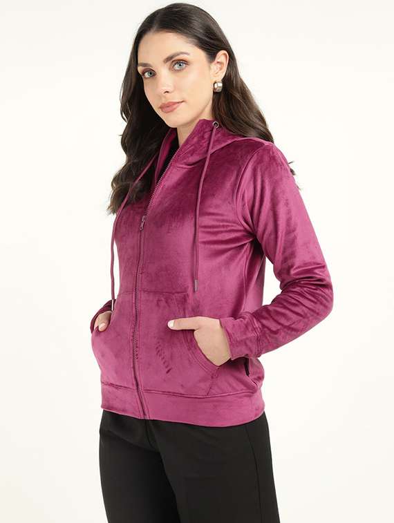 women solid long sleeve hooded sweatshirt - 22320677 -  Standard Image - 1