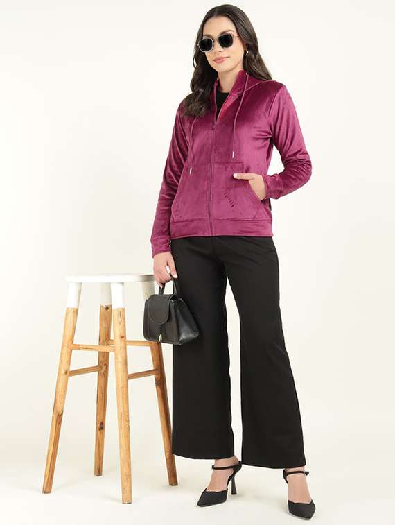 women solid long sleeve hooded sweatshirt - 22320677 -  Standard Image - 4