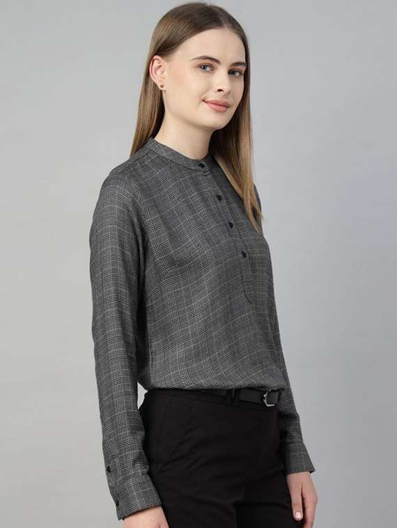 women checkered mandarin collar long sleeve top - 22320694 -  Standard Image - 1