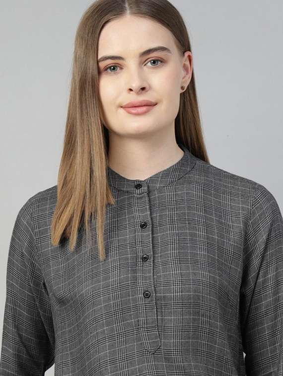 women checkered mandarin collar long sleeve top - 22320694 -  Standard Image - 4