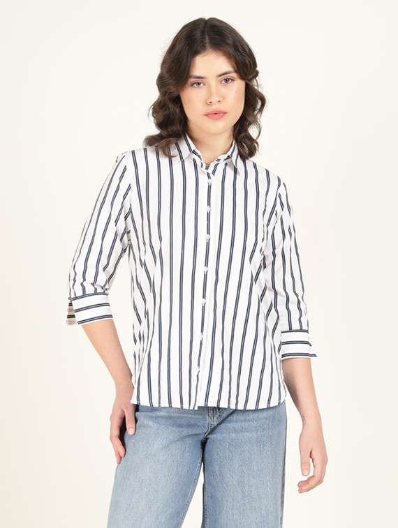 women striped collared three quarter sleeve shirt - 22320695 -  Standard Image - 1
