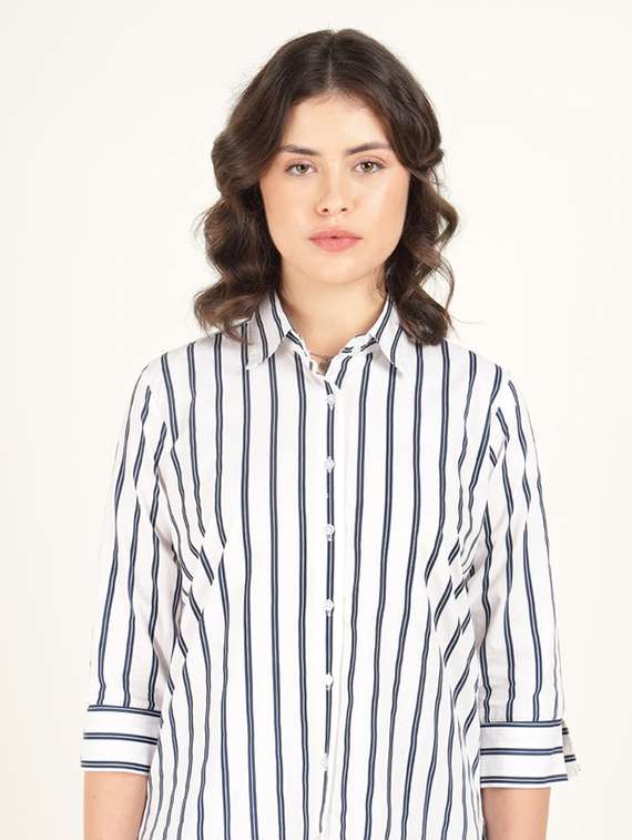 women striped collared three quarter sleeve shirt - 22320695 -  Standard Image - 4