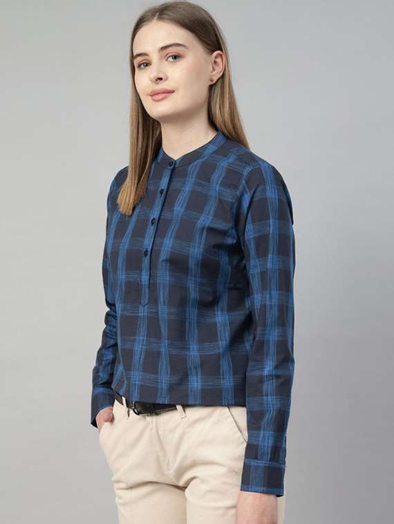 women checkered mandarin collar long sleeve top - 22320696 -  Standard Image - 1