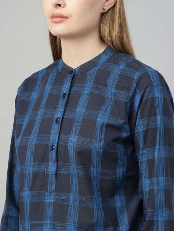 women checkered mandarin collar long sleeve top - 22320696 -  Standard Image - 4