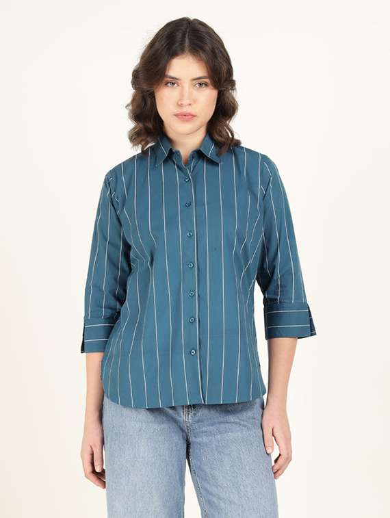 women striped collared three quarter sleeve shirt - 22320702 -  Standard Image - 1