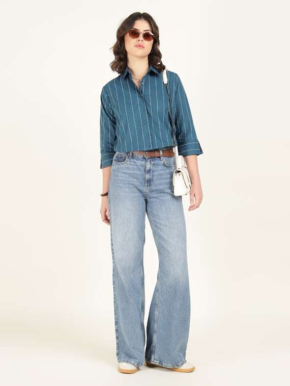 women striped collared three quarter sleeve shirt - 22320702 -  Standard Image - 4