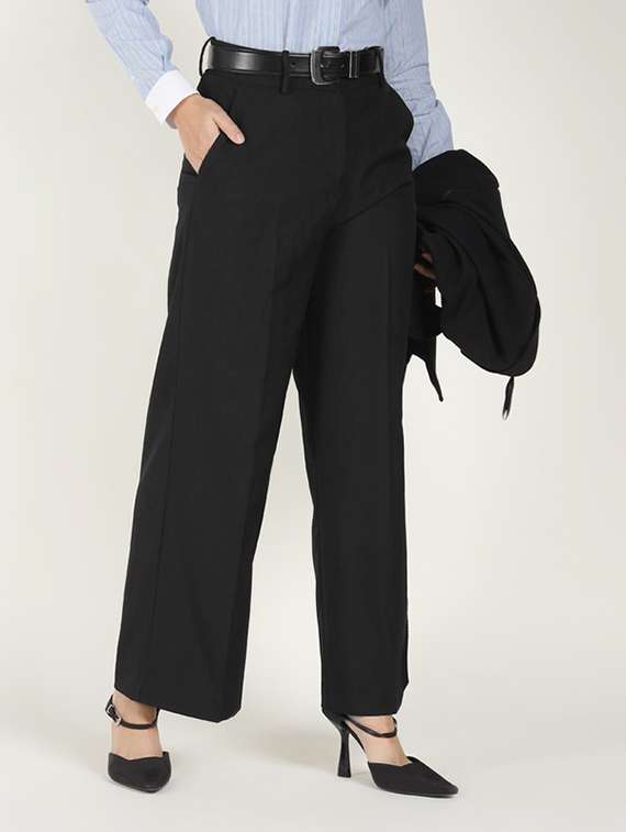 women solid mid rise wide leg trouser