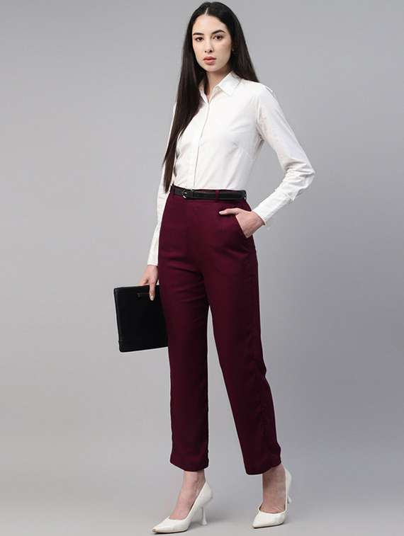 women solid high rise straight trouser - 22320751 -  Standard Image - 4