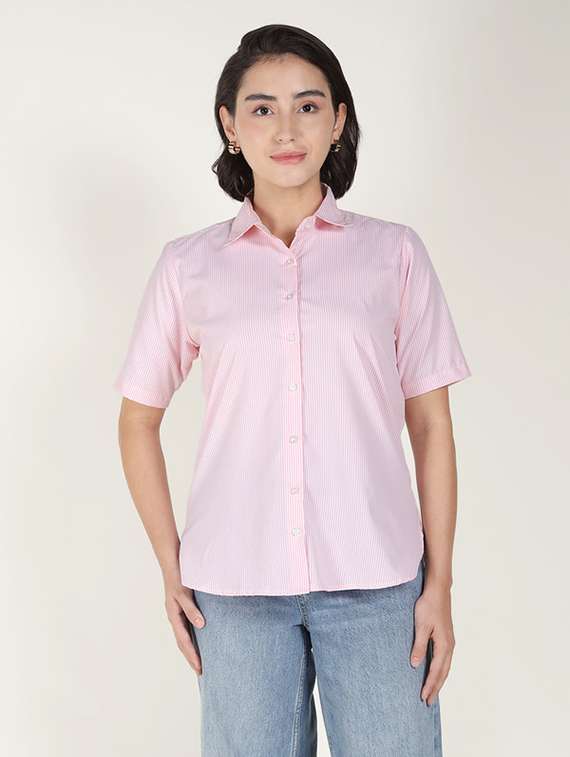 women striped collared short sleeve shirt - 22320777 -  Standard Image - 1