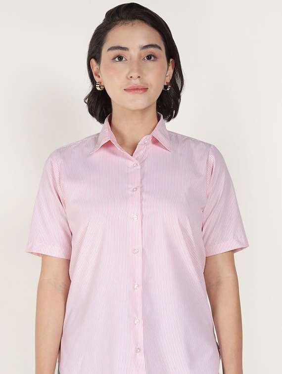 women striped collared short sleeve shirt - 22320777 -  Standard Image - 4