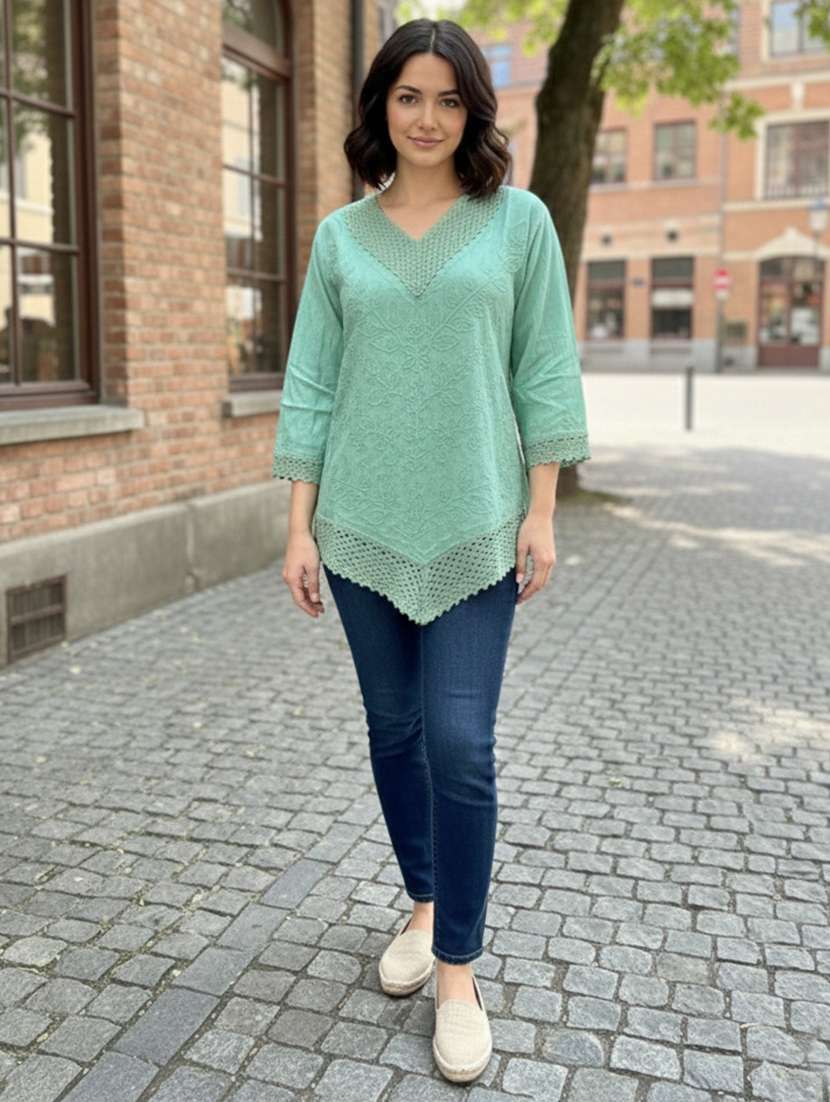 light green rayon embroidered v neck top - 22320800 -  Standard Image - 1