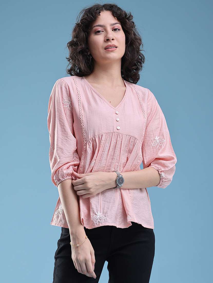 women embroidered three quarter sleeves a-line top