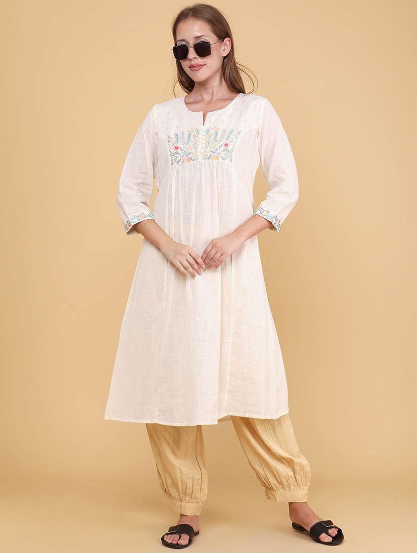 women embroidered three quarter sleeves a-line kurta