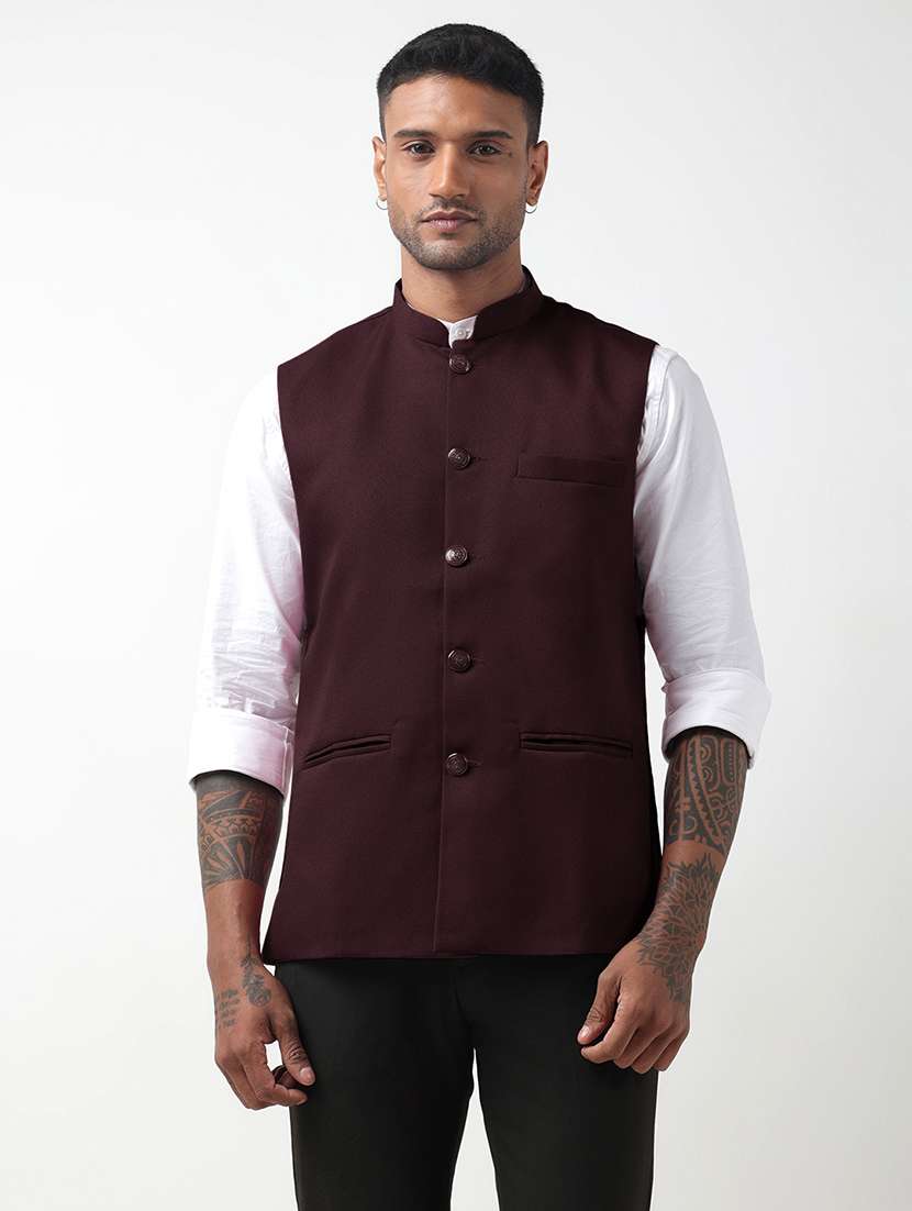 men solid mandarin neck regular fit nehru jacket - 22321710 -  Standard Image - 1
