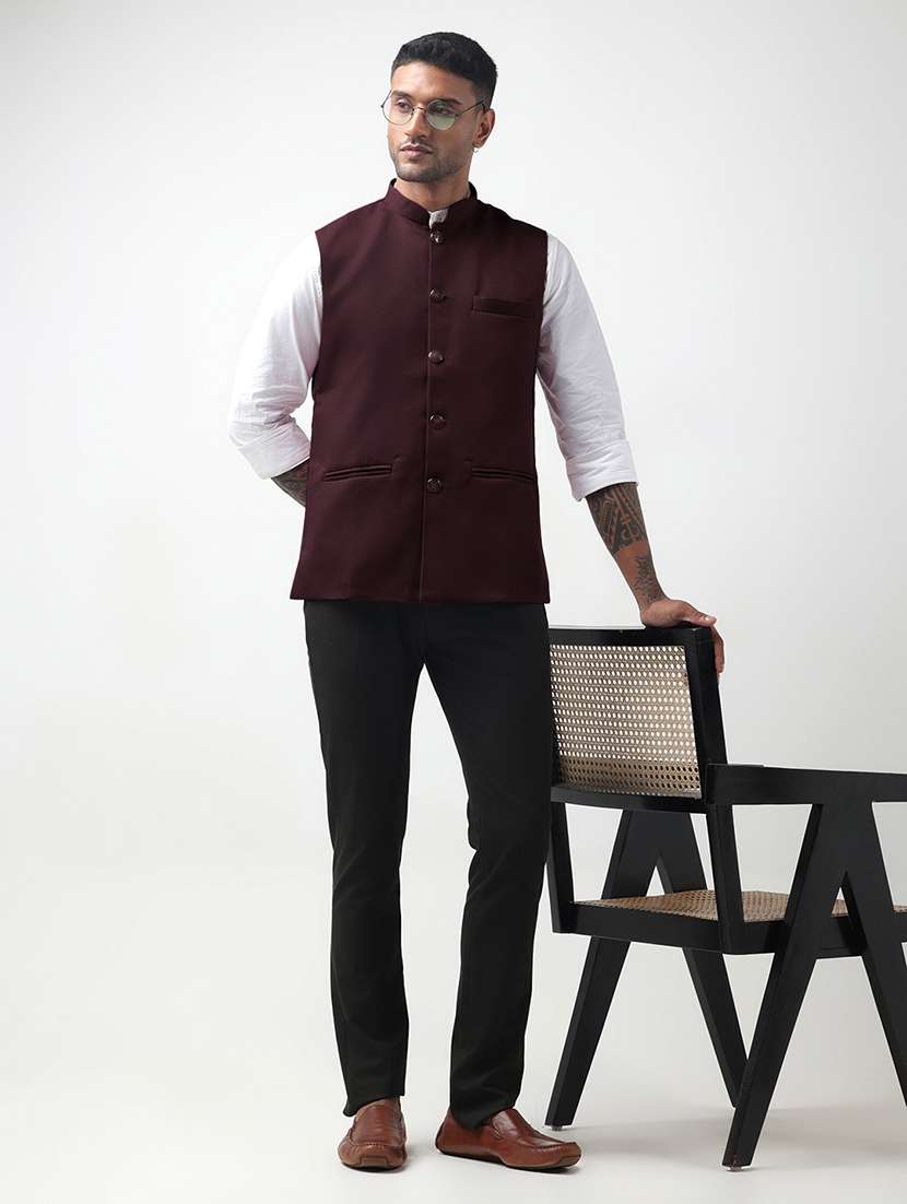 men solid mandarin neck regular fit nehru jacket - 22321710 -  Standard Image - 4