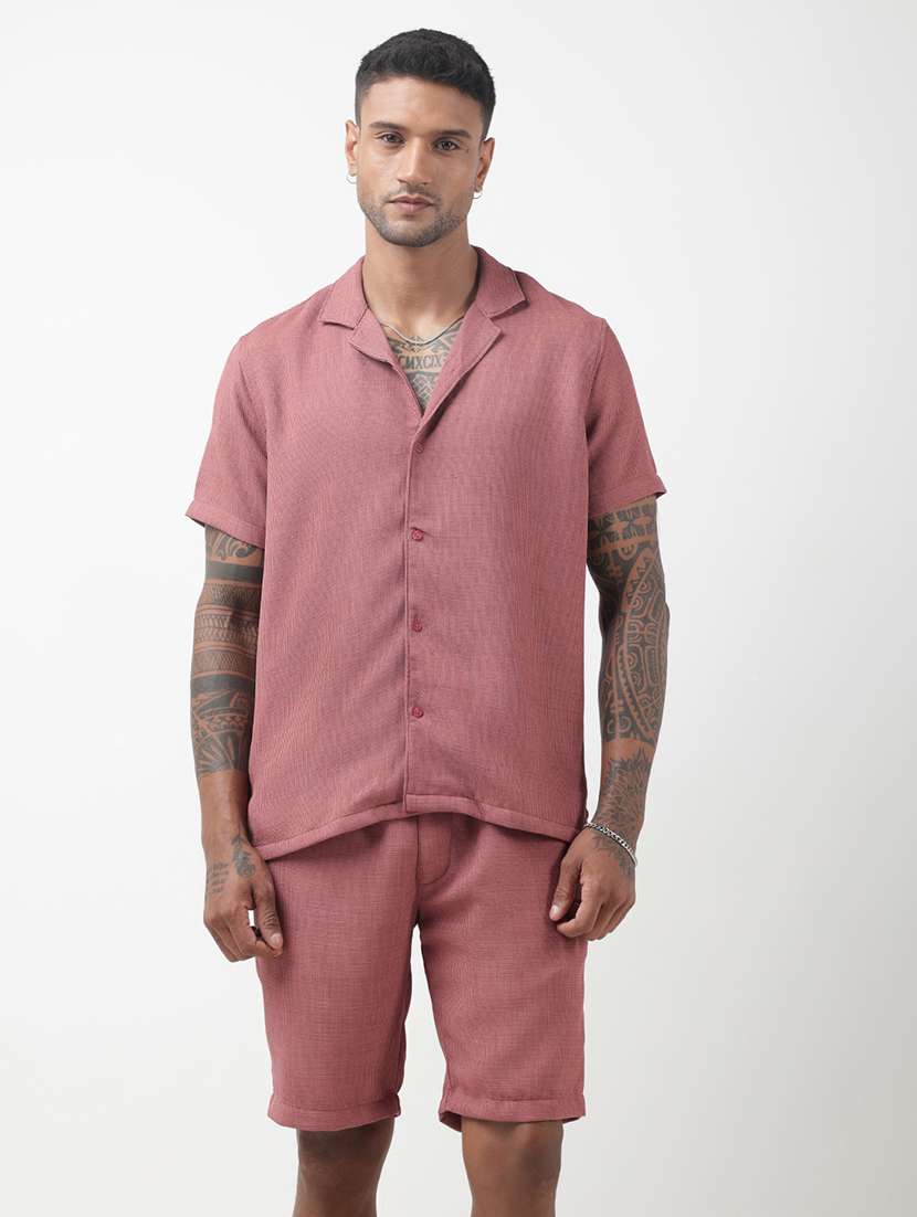 men solid short sleeve shirt & shorts co-ord set - 22321758 -  Standard Image - 1