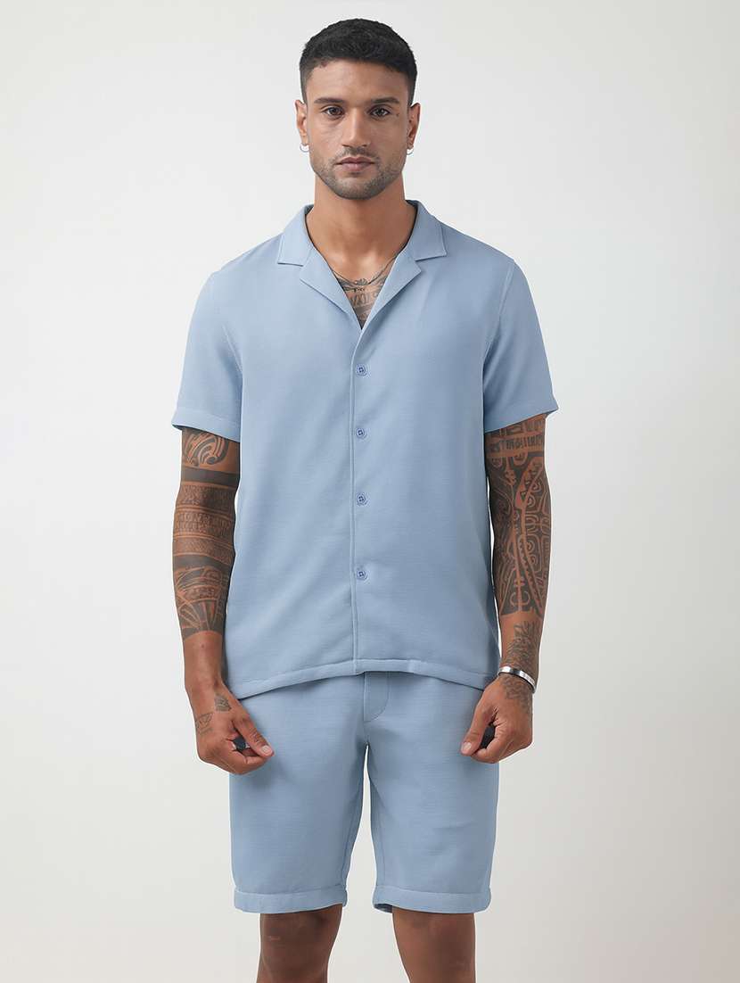 men solid short sleeve shirt & shorts co-ord set