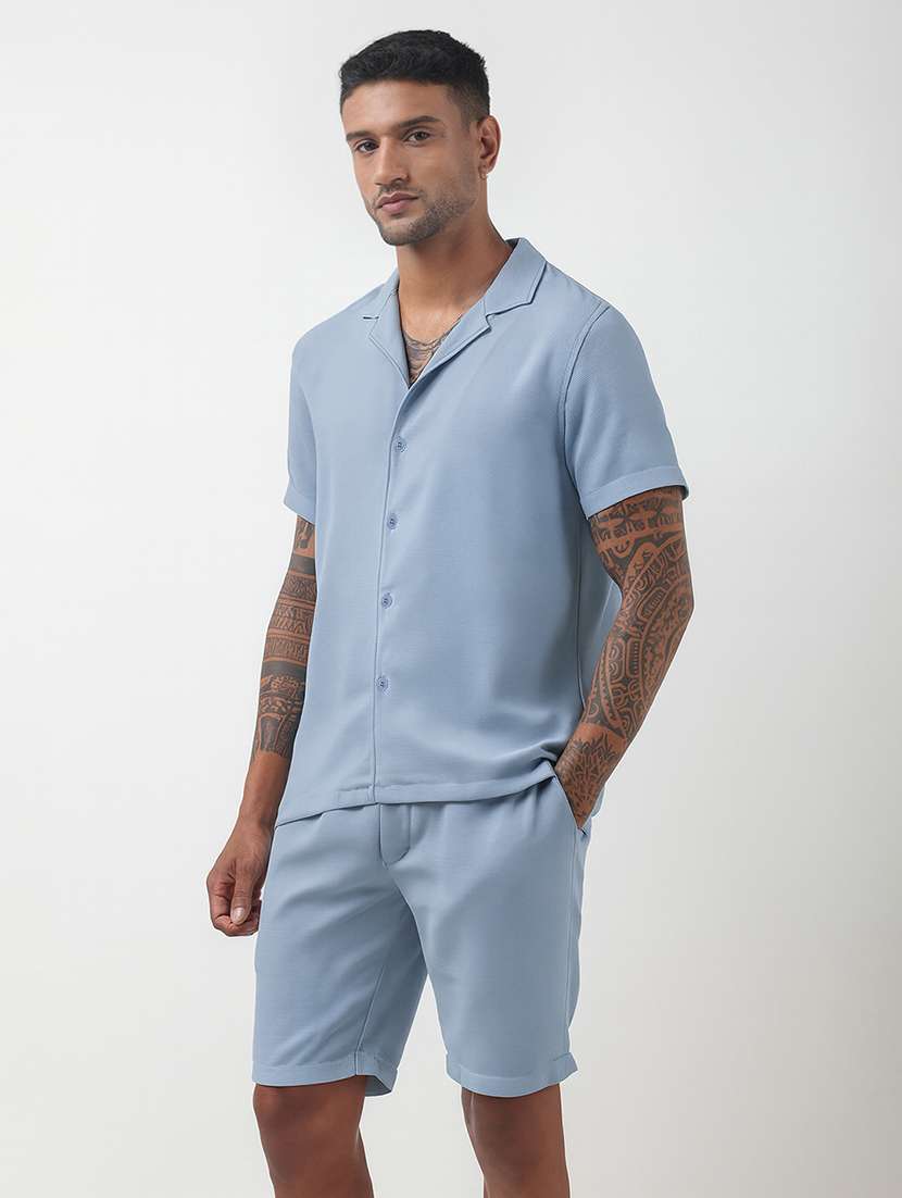 men solid short sleeve shirt & shorts co-ord set - 22321762 -  Standard Image - 1