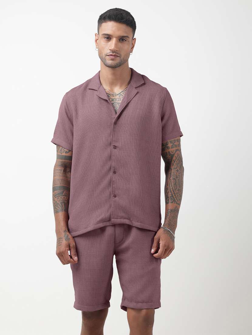 men solid short sleeve shirt & shorts co-ord set - 22321764 -  Standard Image - 1