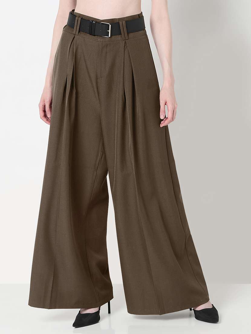 women solid high rise wide leg korean pants  - 22321777 -  Standard Image - 1
