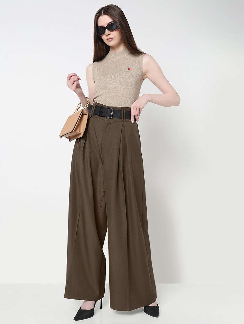 women solid high rise wide leg korean pants  - 22321777 -  Standard Image - 4
