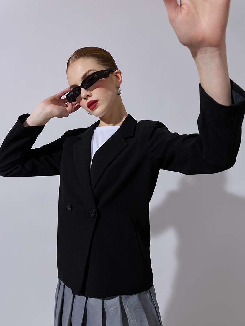 women solid long sleeve double breasted blazer