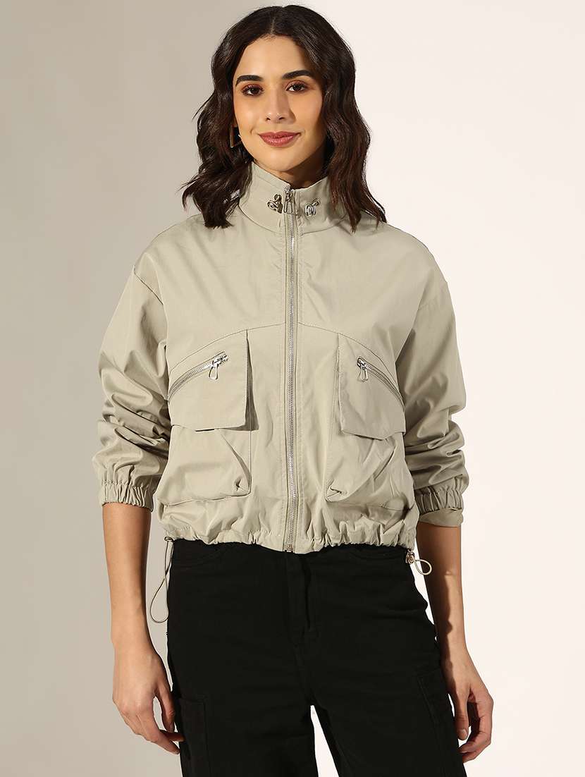 women solid long sleeve stand collar biker jacket - 22321790 -  Standard Image - 1