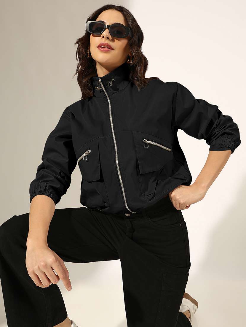 women solid long sleeve stand collar biker jacket
