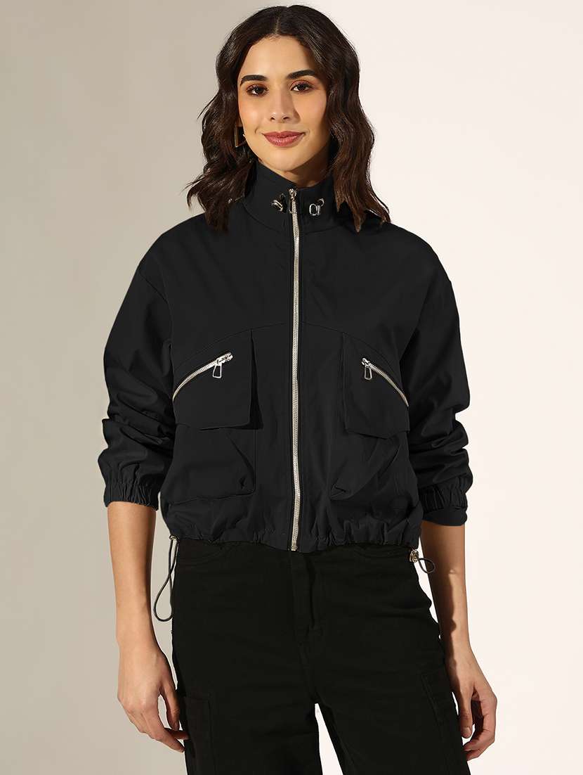 women solid long sleeve stand collar biker jacket - 22321791 -  Standard Image - 1