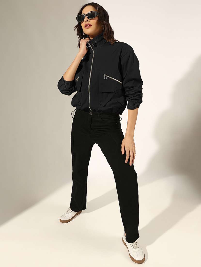 women solid long sleeve stand collar biker jacket - 22321791 -  Standard Image - 4
