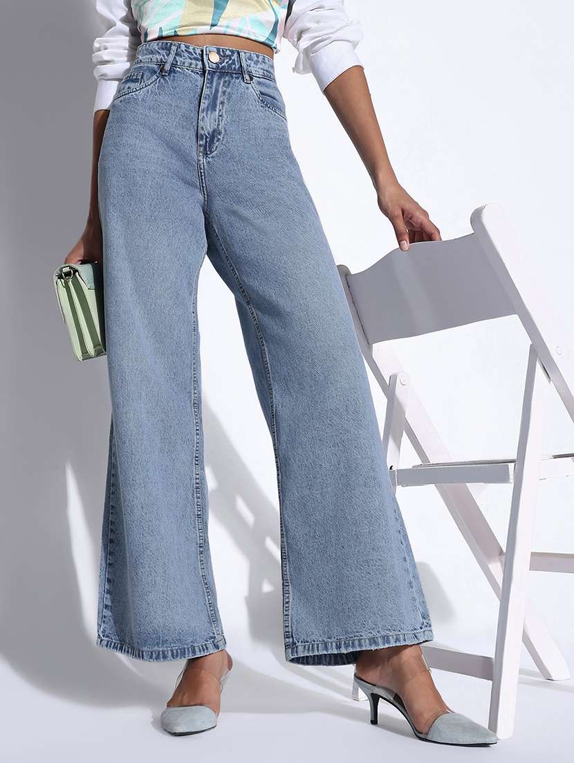 women solid high rise wide leg jean