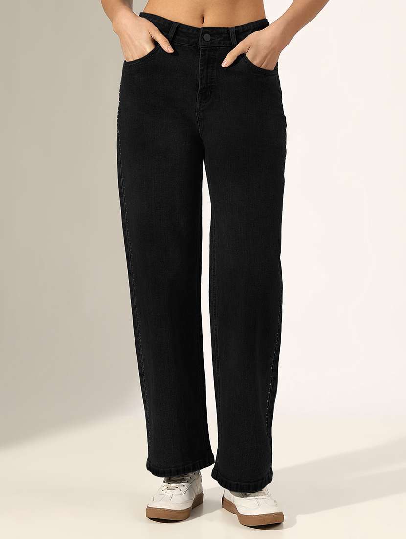 women solid high rise straight jean