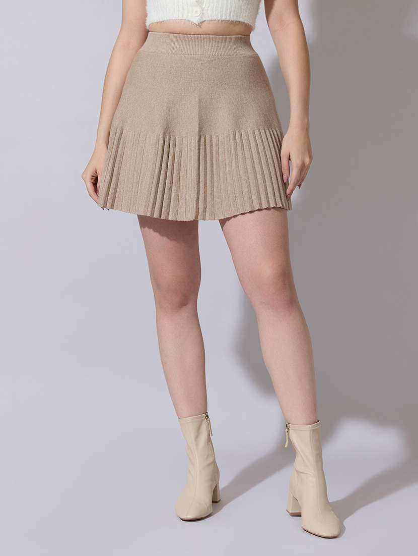 women solid high rise pleated skirt