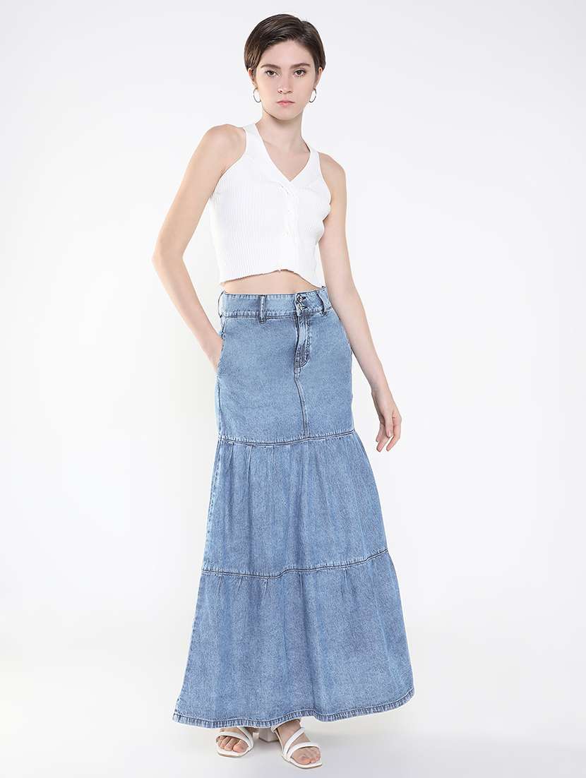 women solid high rise denim maxi skirt - 22321816 -  Standard Image - 4