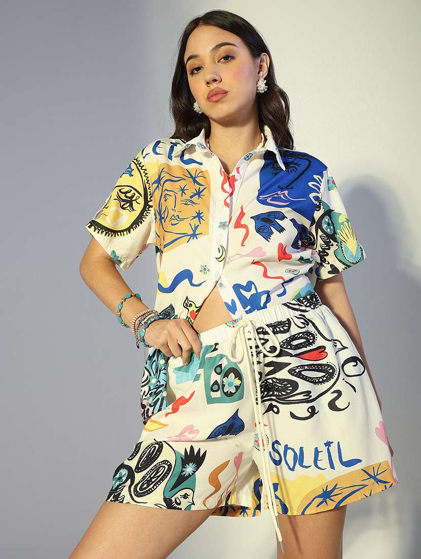 women printed shirt & shorts co-ord set